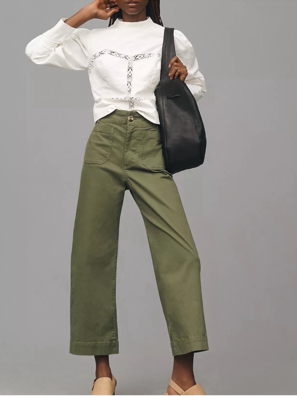 Anthropologie Maeve Colette Cropped Wide-Leg Linen Blend Pants in Olive Green 28